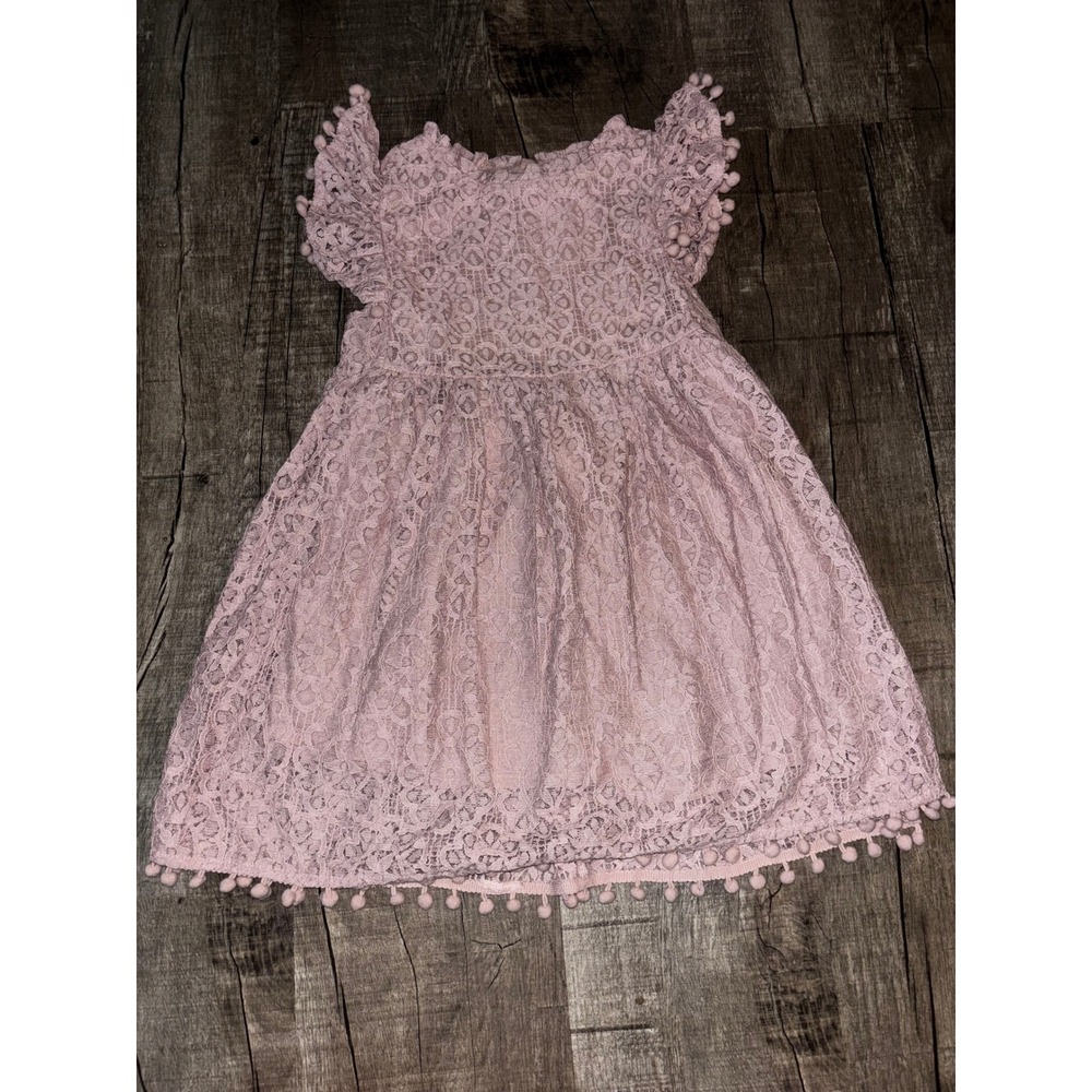 2Bunnies Girls Dusty Pink Floral Lace Flutter Sleeve Pom Pom Trim Dress Size 6